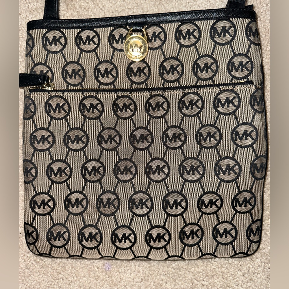 Michael Kors- Brown Canvas Monogram and Leather Trim Crossbody Bag